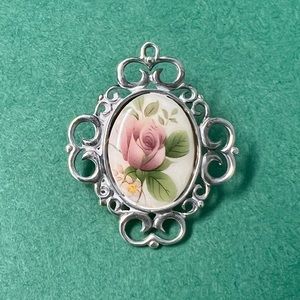 Jez Ceramic Flower On‎ 925 Sterling Silver Pin Brooch - Signed Vintage Gift Idea